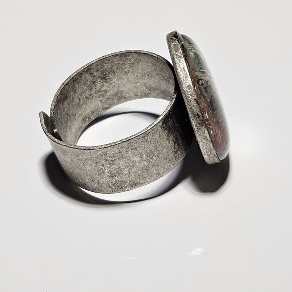 Hand Made Silver Tone Adjustable Red White And Blue Peace Sign Ring - Picture 11 of 13